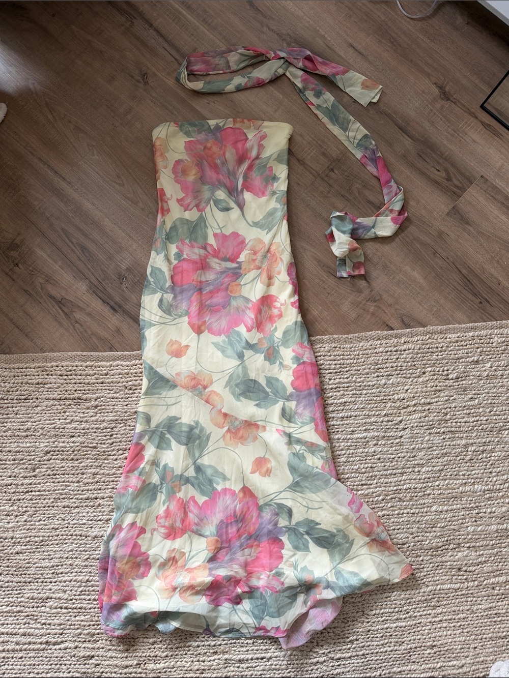 Peppermayo Strapless Floral Midi Dress in Cream and Pink